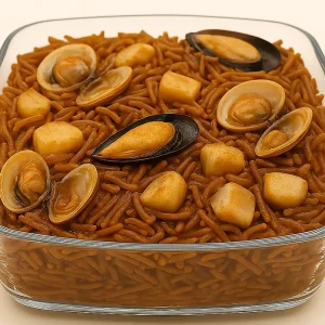 Fideuá tradicional con fideos dorados, almejas, mejillones y trozos de sepia, servida en paellera.