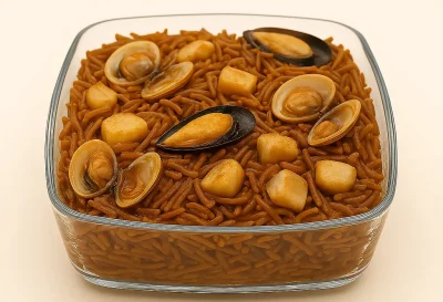 Fideuá tradicional con fideos dorados, almejas, mejillones y trozos de sepia, servida en paellera.