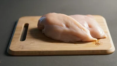 Pechugas de pollo crudas sobre tabla de cortar