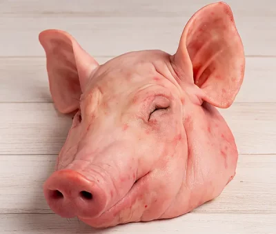 Una pieza de careta de cerdo cruda, con oreja y hocico visibles, lista para cocinar a la brasa, al horno o guisada.