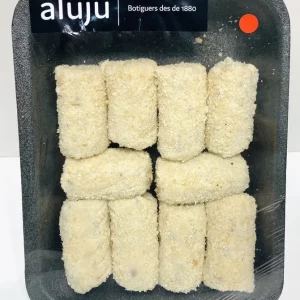 Croquetas de jamón Aluju en bandeja envasada, nueve unidades empanadas y listas para freír, con etiqueta visible y presentación artesanal.