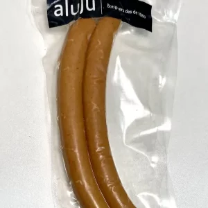 Pack de frankfurts cocidos Aluju, envasados al vacío, con etiqueta visible y presentación lista para consumir.