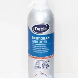 Envase de crema láctea con azúcar Debic de 700 ml, con etiqueta azul y detalles multilingües, ideal para repostería profesional.