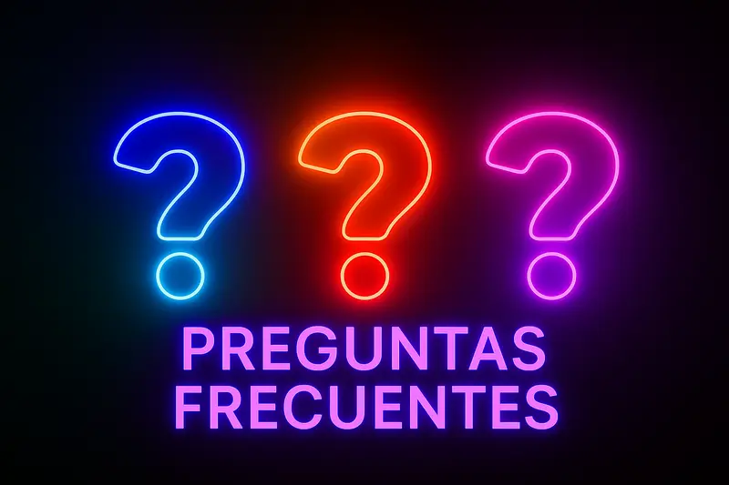 Imagen con tres signos de interrogación en neón azul, rojo y rosa sobre fondo oscuro, acompañados del texto “Preguntas Frecuentes”, que representa una sección informativa y accesible.